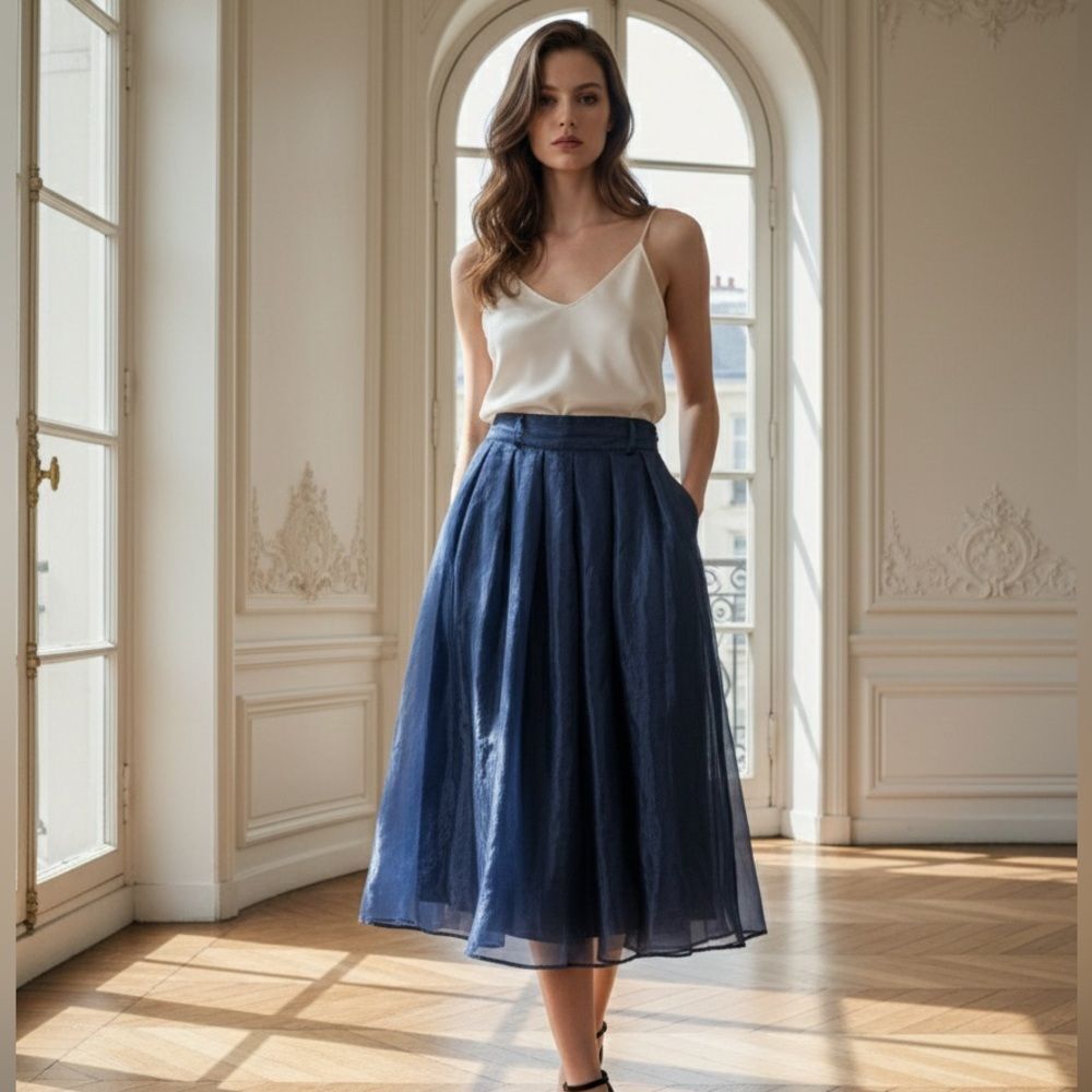 Chicwish Organza Overlay Pleated Midi Skirt in Navy | XL